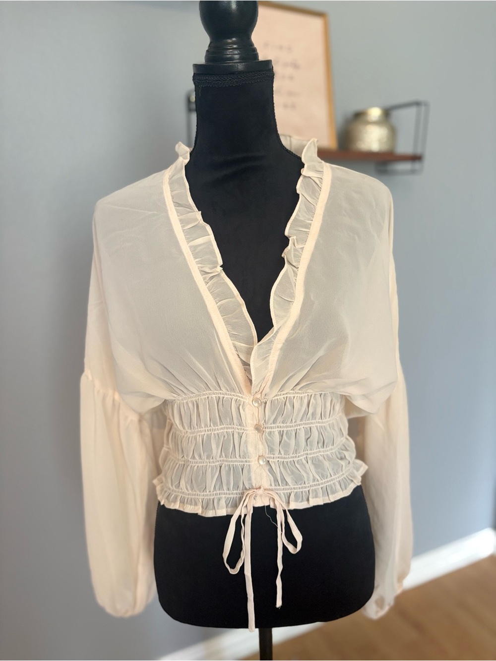 june & hudson Cream Sheer Ruffle-Trim Smocked Waist Blouse